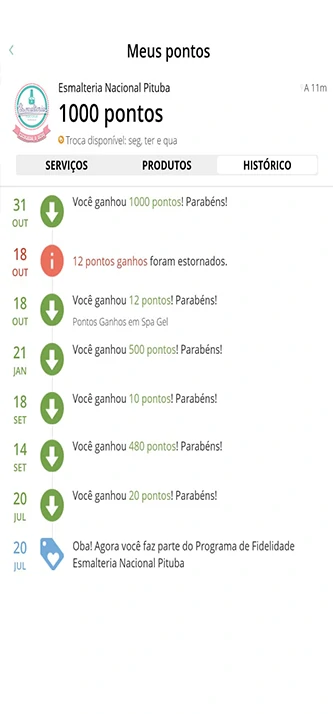Histórico de serviços realizados e pontos acumulados